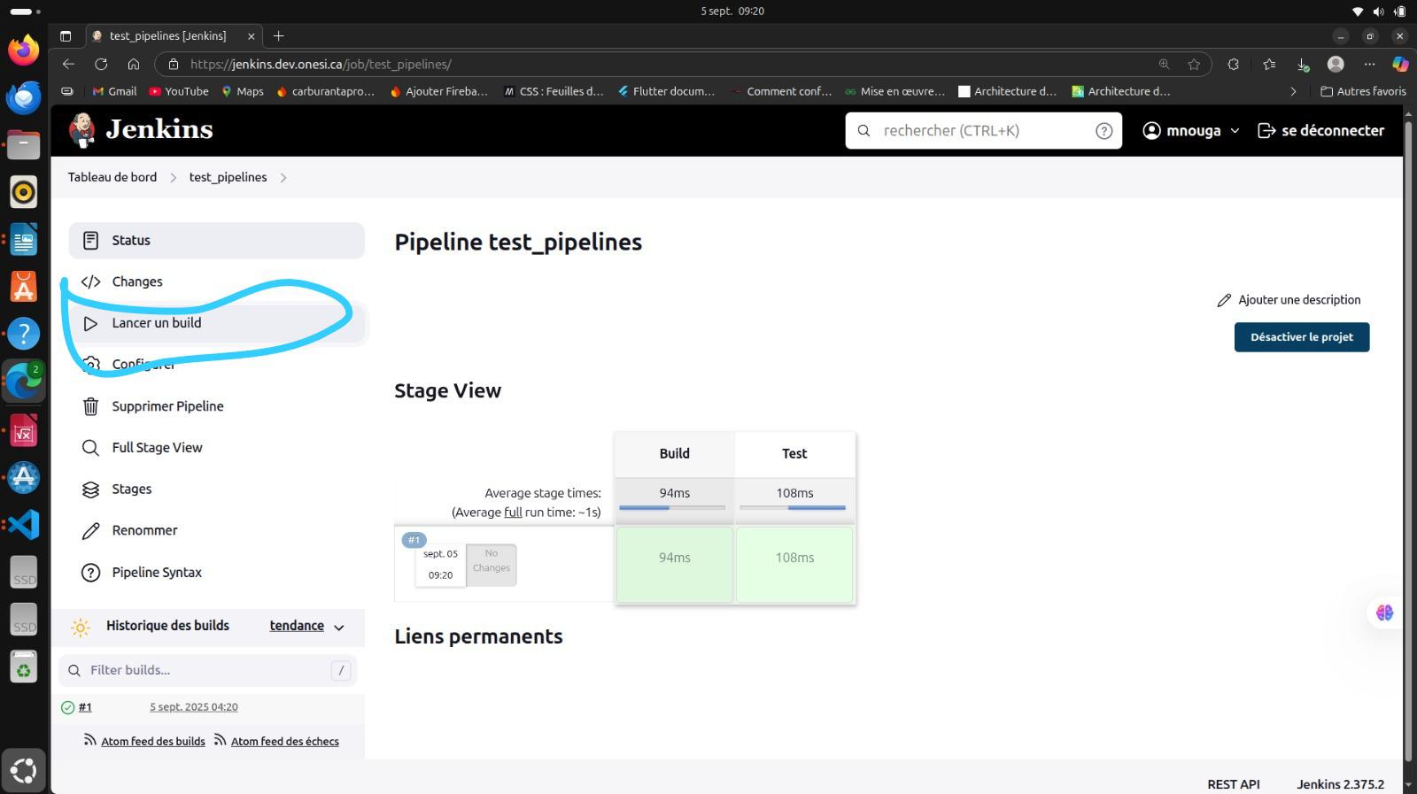 Console du pipeline Jenkins