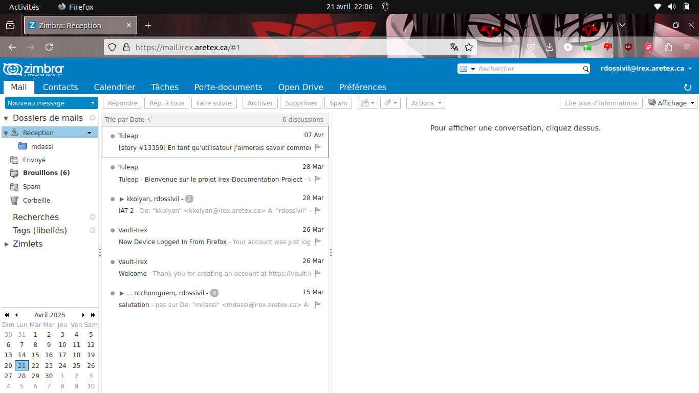 Tableau de bord Mail d'Irex