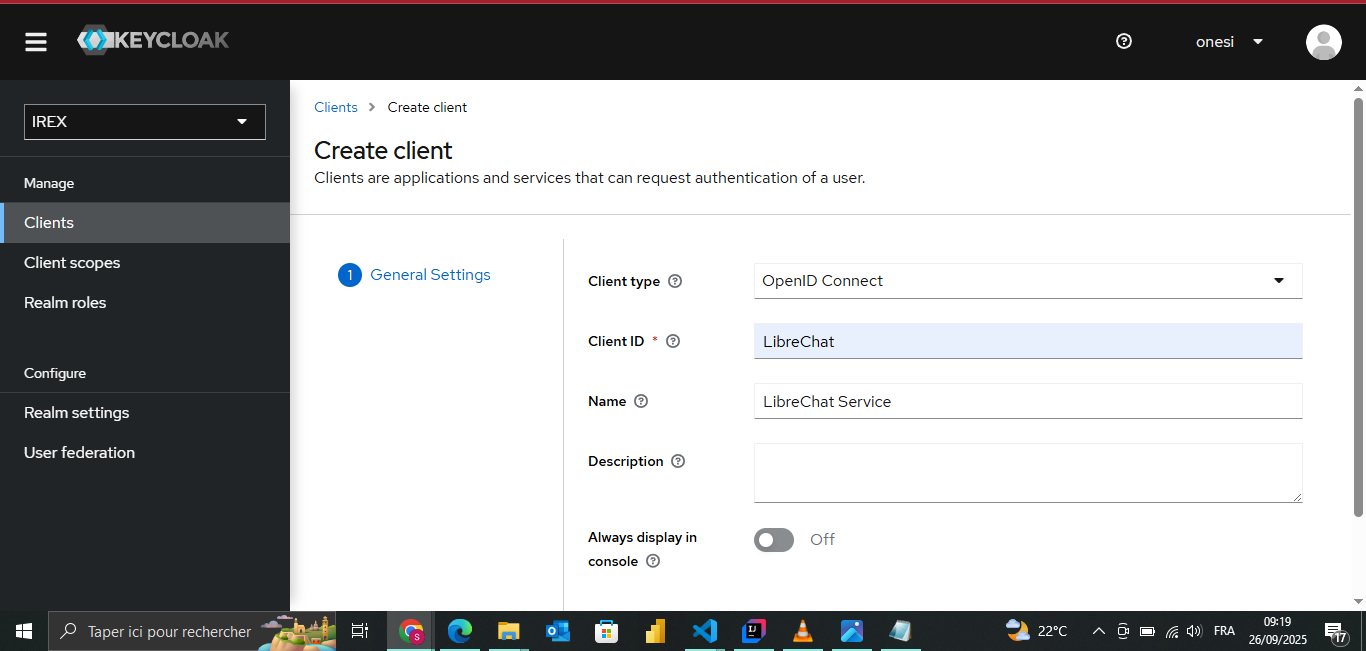 Configuration des paramètres généraux du client LibreChat dans Keycloak
