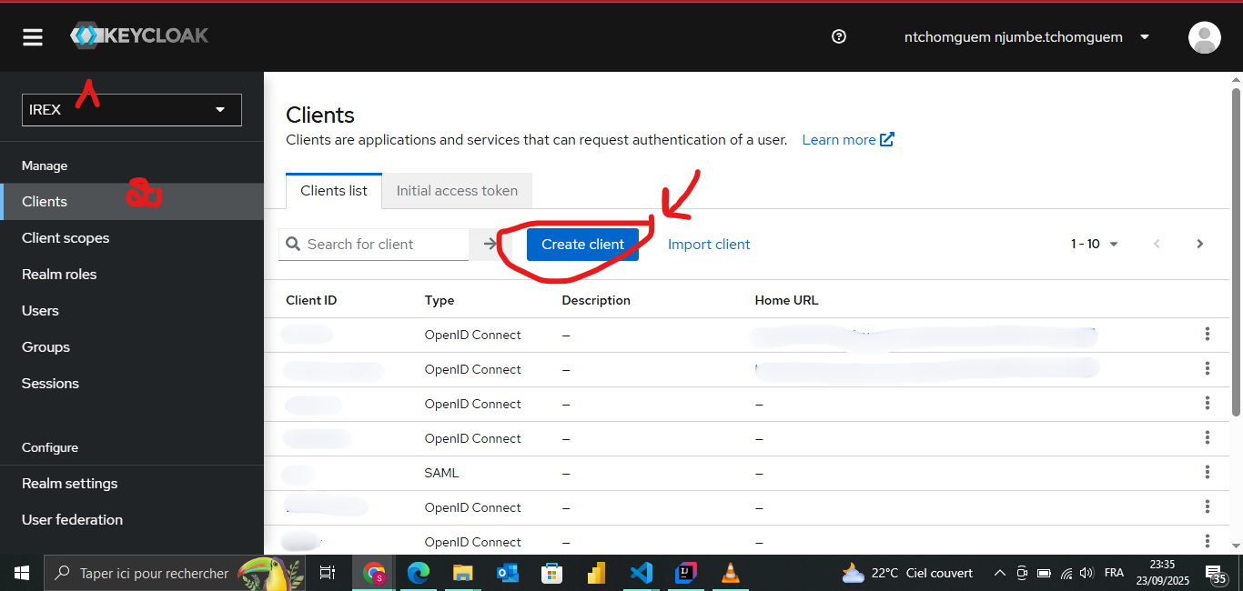 Création d'un client dans le realm de Keycloak