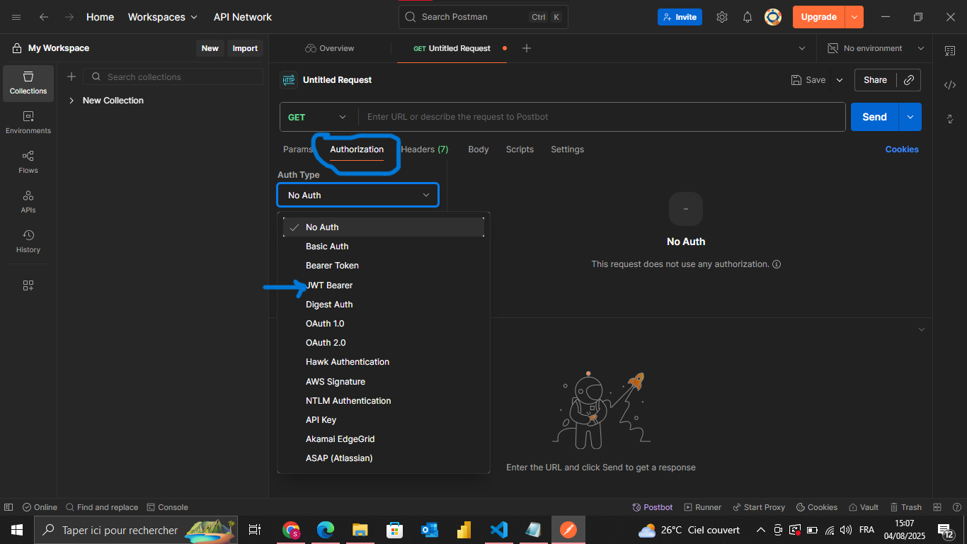 Choix du type d'autorisation sur Postman
